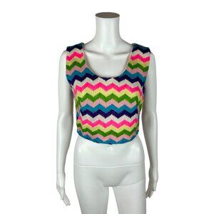 Vintage 60s Rainbow Top Women's Extra Small Cropped Chevron Striped Embroidered